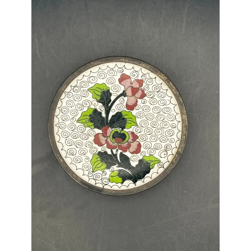 Vtg‎ Cloisonné Dish Floral Plate Asian Decor Enamel Trinket Dish 3.75